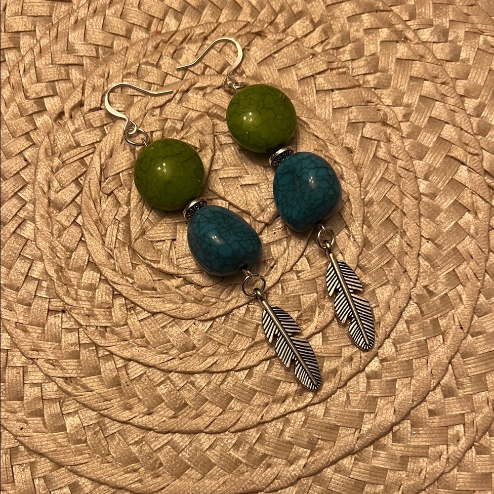 Chic Green and Blue Beaded Earrings with Silver Accents